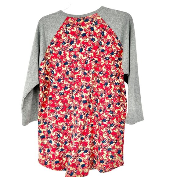 LuLaRoe Randy Top Womens L Raglan Sleeve Floral Red Blue Gray Yellow - Picture 3 of 6